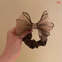 Mesh Bow Hair Ring Rhinestone Bow Ponytail Hair Rope Women's Hair Accessories