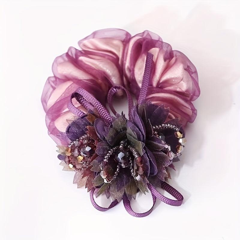 Vintage Beaded Flower Hair Tie Organza Hair Rope Elastic Ponytail Holder