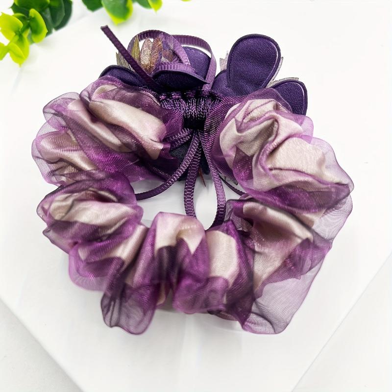 Vintage Beaded Flower Hair Tie Organza Hair Rope Elastic Ponytail Holder