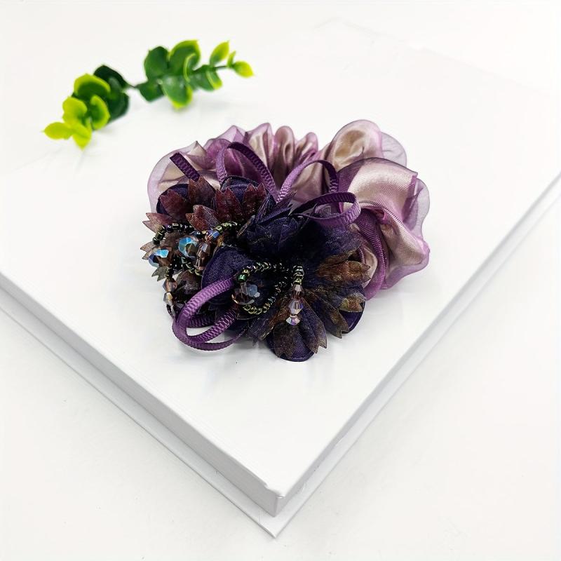 Vintage Beaded Flower Hair Tie Organza Hair Rope Elastic Ponytail Holder