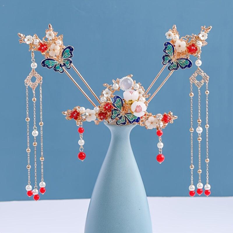 4pcs Butterfly Hairpin Earrings Set Flower Hair Accessories Women's Chinese Styl