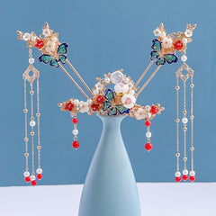 4pcs Butterfly Hairpin Earrings Set Flower Hair Accessories Women's Chinese Styl