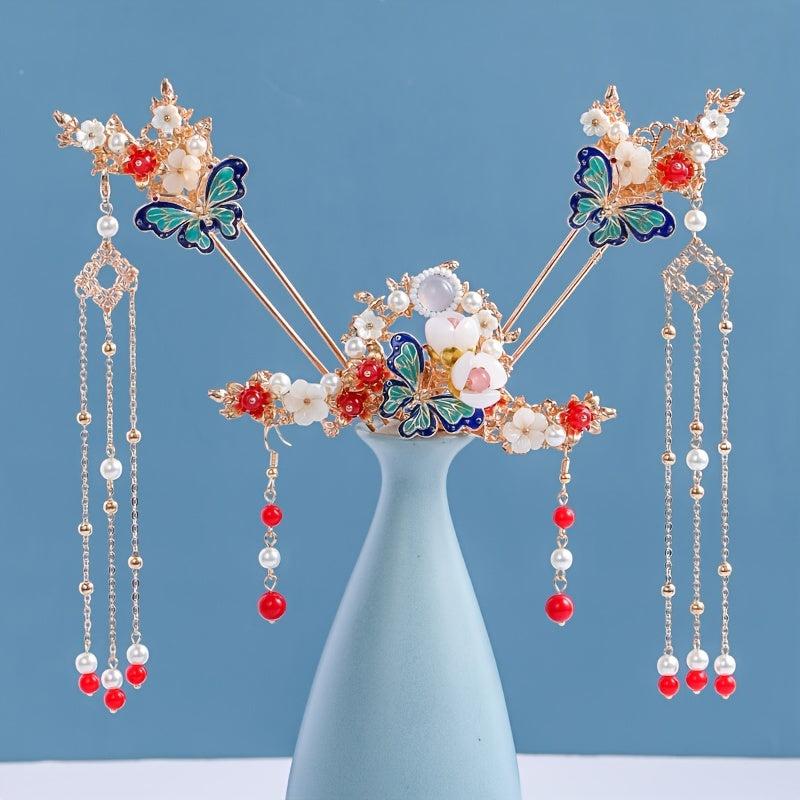 4pcs Butterfly Hairpin Earrings Set Flower Hair Accessories Women's Chinese Styl