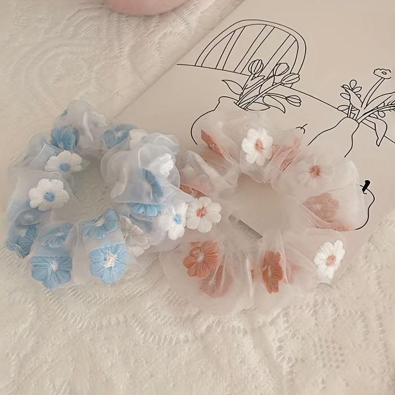 Flower Embroidery Scrunchie Hair Tie Organza Hair Rope Large Accessories