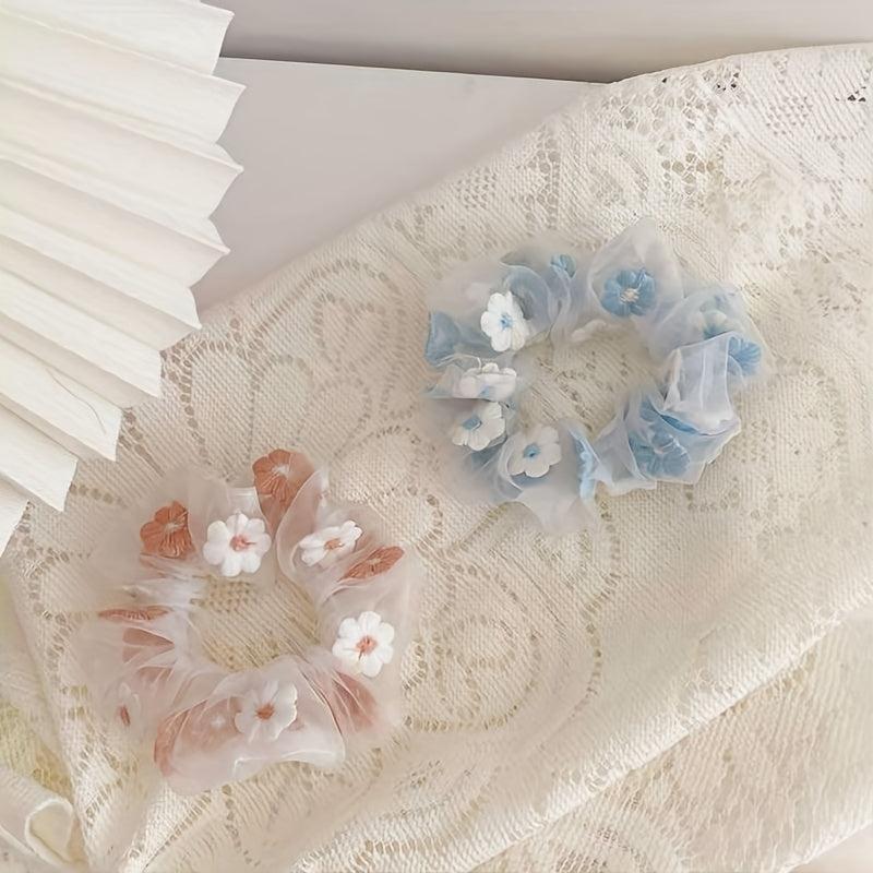 Flower Embroidery Scrunchie Hair Tie Organza Hair Rope Large Accessories