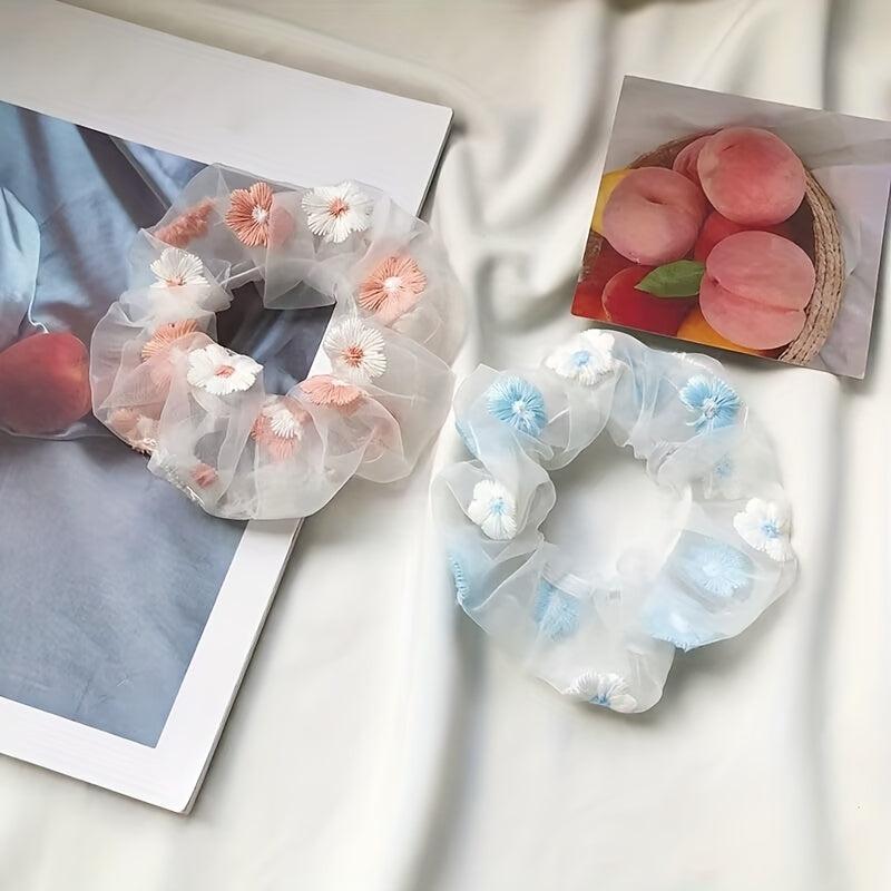 Flower Embroidery Scrunchie Hair Tie Organza Hair Rope Large Accessories