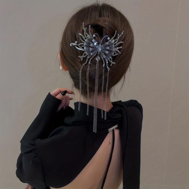 Crystal Butterfly Hair Claw with Chain Tassel Glitter Hair Claw