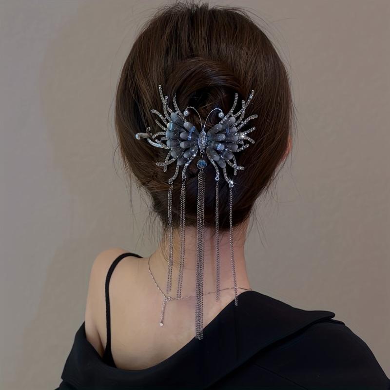Crystal Butterfly Hair Claw with Chain Tassel Glitter Hair Claw