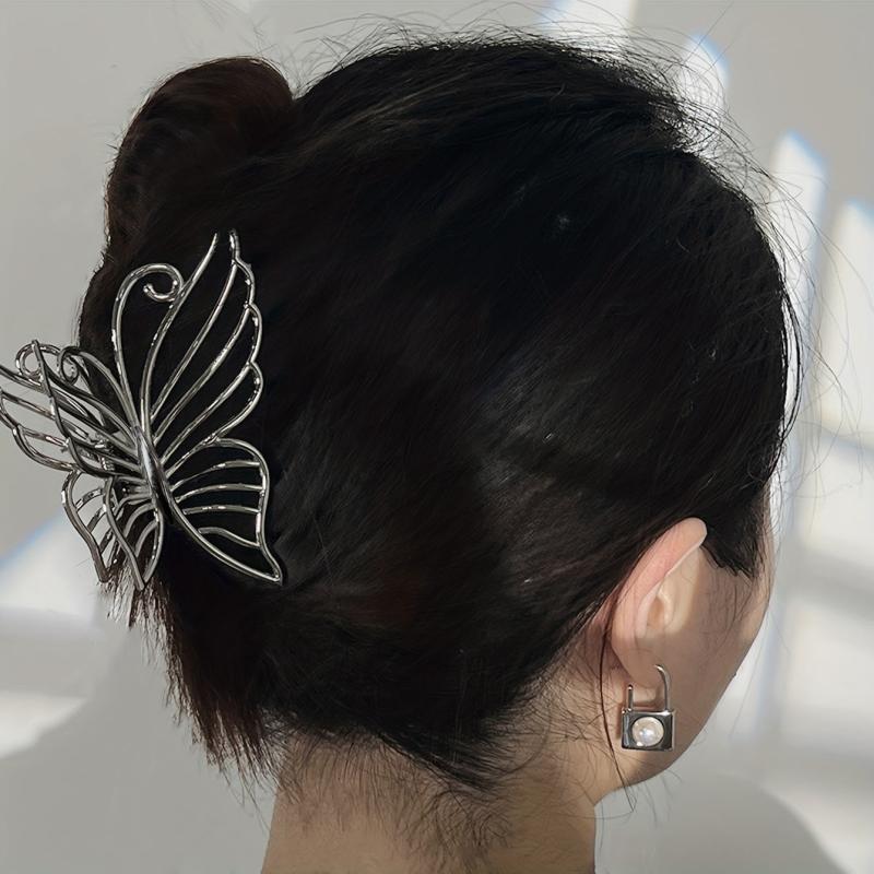 Large Silver Butterfly Hair Claw Barrette for Girls and Ladies