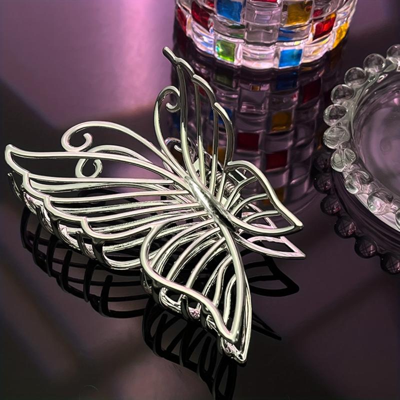 Large Silver Butterfly Hair Claw Barrette for Girls and Ladies