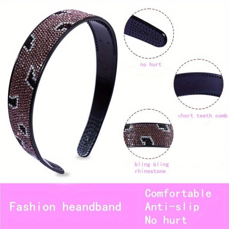 Vintage Rhinestone Headband Leopard Pattern Wide Headdress Hair Band Women