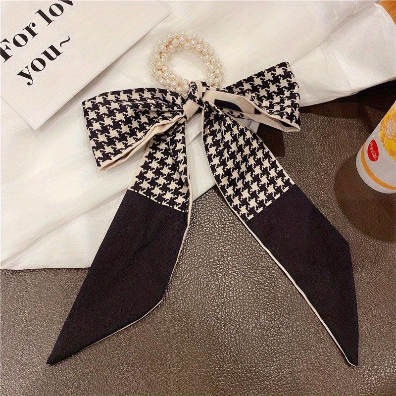 Ribbon Bow Hair Tie with Faux Pearl, Letter Print Ponytail Holder
