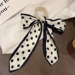 Ribbon Bow Hair Tie with Faux Pearl, Letter Print Ponytail Holder