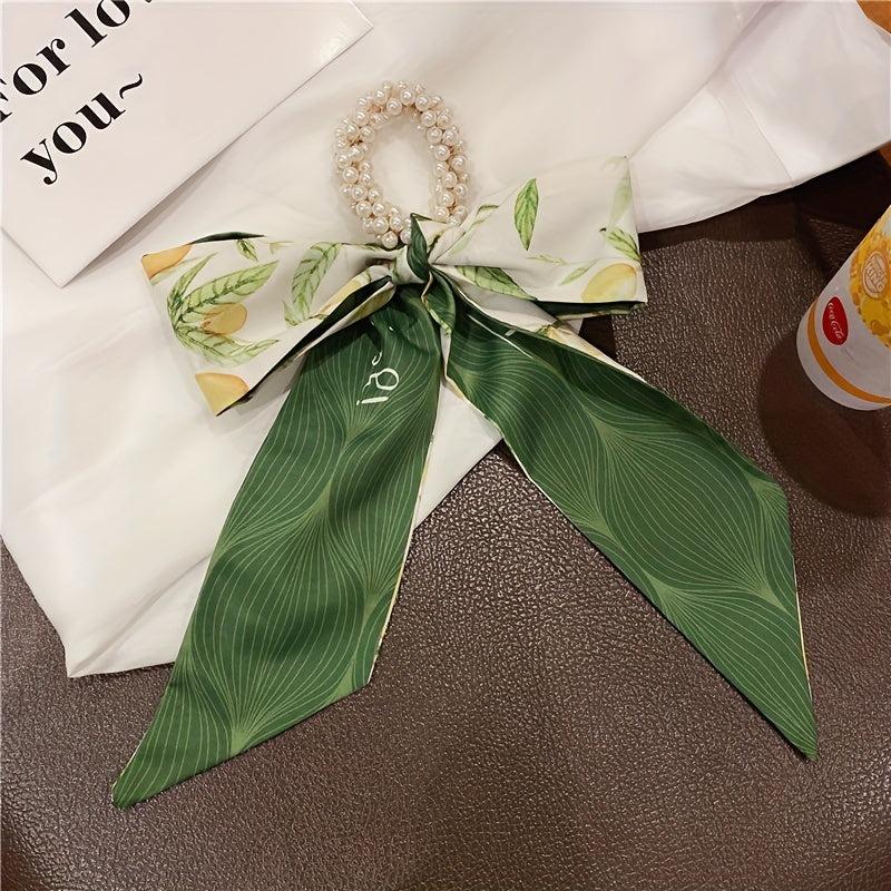 Ribbon Bow Hair Tie with Faux Pearl, Letter Print Ponytail Holder