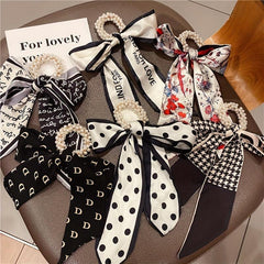 Ribbon Bow Hair Tie with Faux Pearl, Letter Print Ponytail Holder