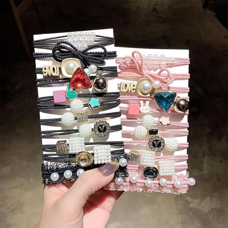11pcs Rhinestone Pearl Hair Ties Ponytail Holder Accessories