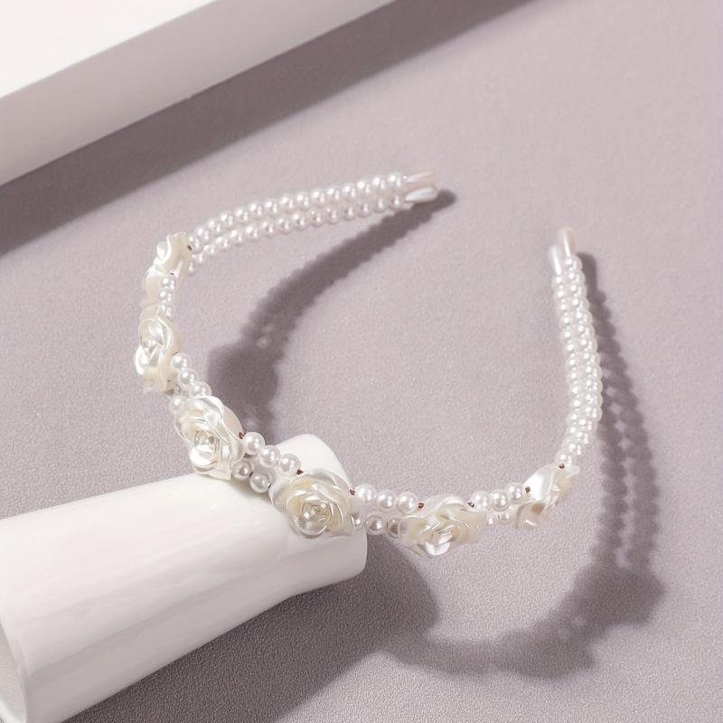 Flower Faux Pearl Headband 2-Layered Hair Band for Women Girls