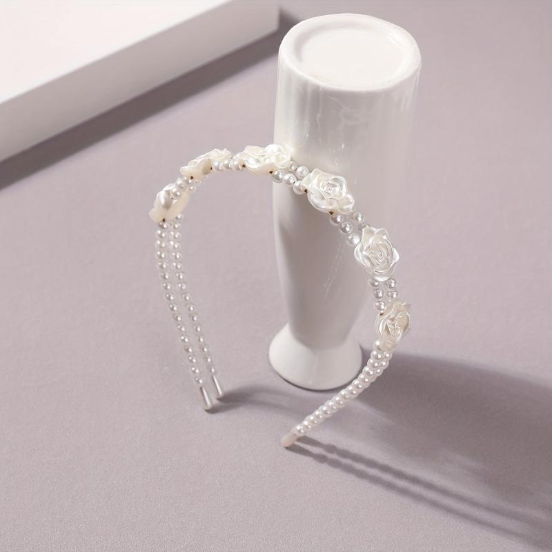 Flower Faux Pearl Headband 2-Layered Hair Band for Women Girls