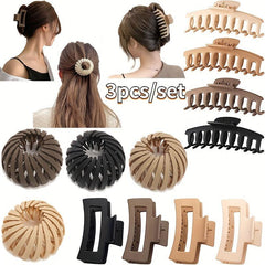 3pcs Solid Hair Clip Magic Nest Clip Bun Hollow Hair Claw For Women Girls