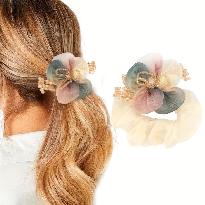 Flower Crystal Beaded Hair Tie Headdress Hair Rope Female Bun Head Scrunchie