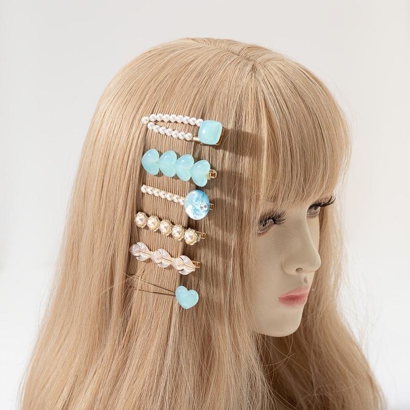 6pcs Love Heart Faux Pearl Acrylic Hair Clip Vintage Hair Accessories