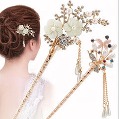 Pearl Rhinestone Flower Hairpin Hair Stick Ponytail Holder