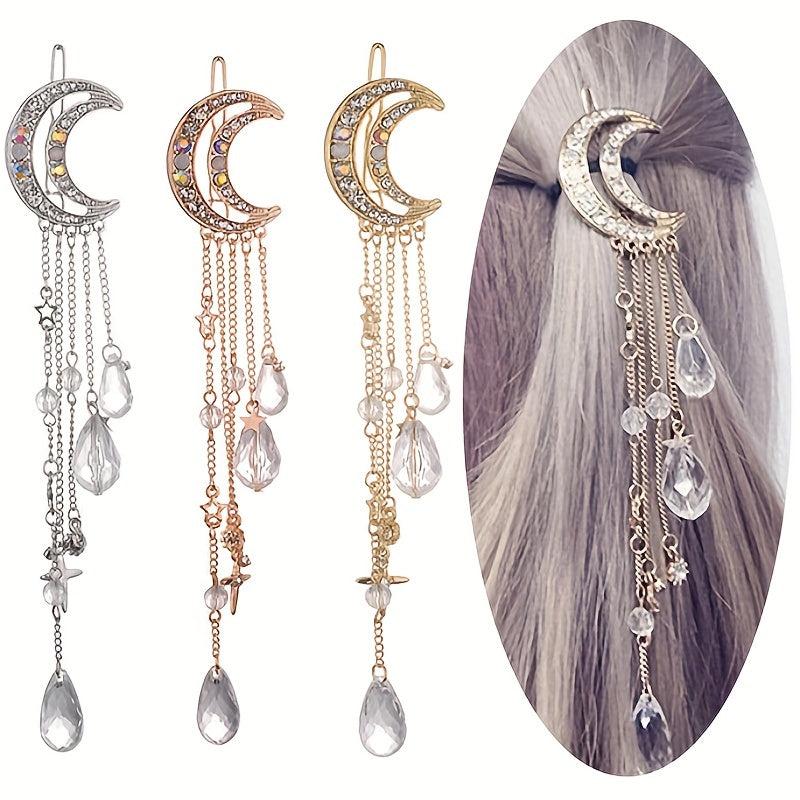 Moon Shape Rhinestone Crystal Pendant Hair Clip Retro Hair Accessories