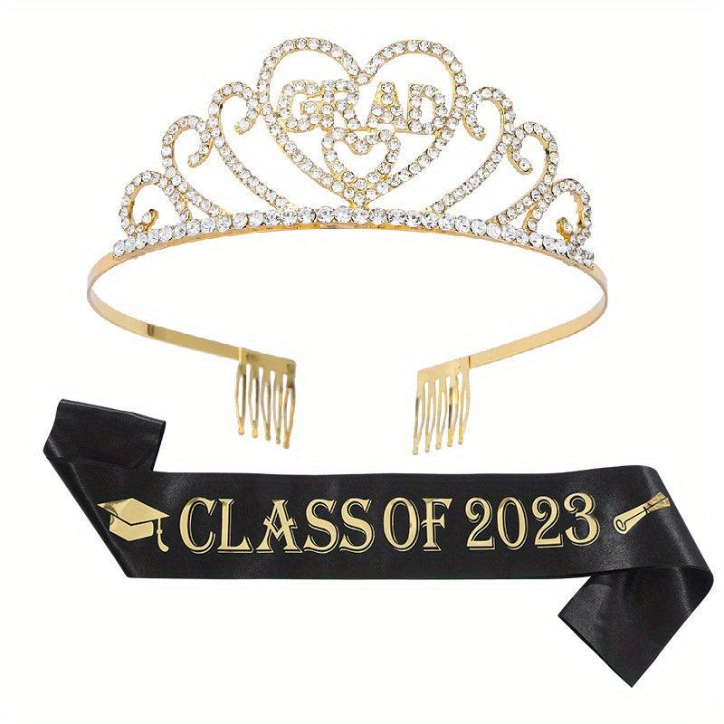 Rhinestone Alloy Tiara Graduation Crown With Belt Senior Year Gift