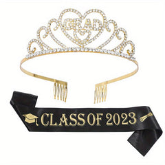 Rhinestone Alloy Tiara Graduation Crown With Belt Senior Year Gift