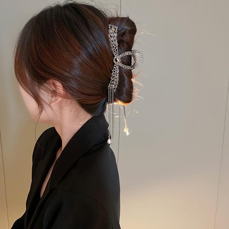 Metal Tassel Hair Claw Antique Pearl Rhinestone Hair Clip