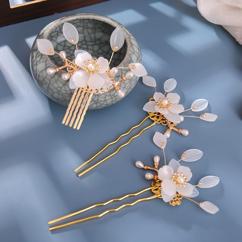 Vintage Flower Faux Pearl Hair Pin U Shaped Chignon Wedding Bobby Pins