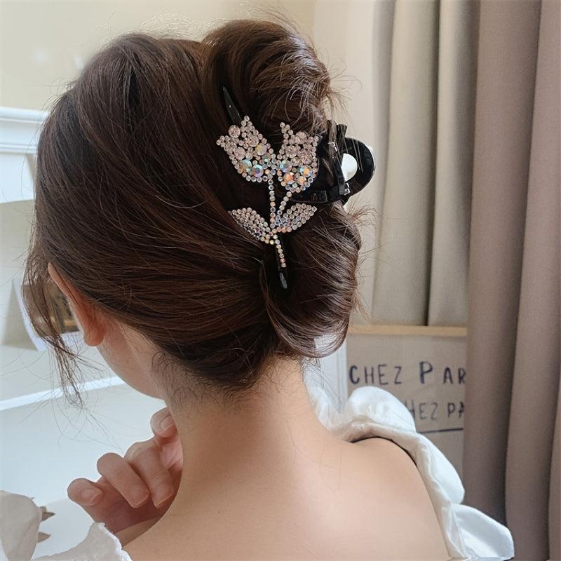 Rhinestone Double Flower Hair Clip Crystal Hairpin Barrette Comb Claw