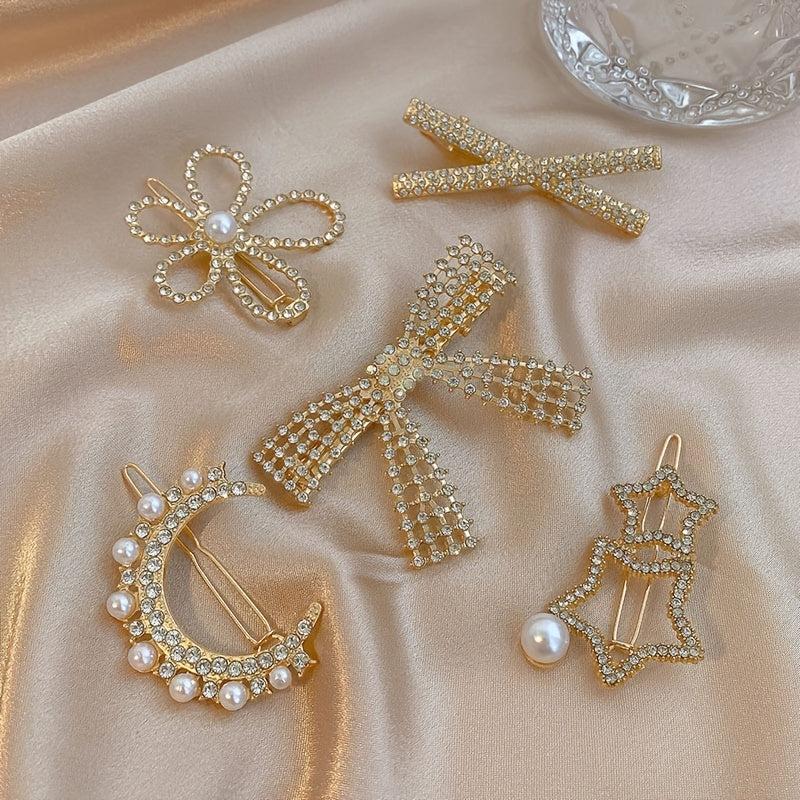 Vintage Geometric Hair Clips Set with Faux Pearl and Crystal Acrylic