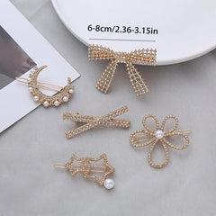 Vintage Geometric Hair Clips Set with Faux Pearl and Crystal Acrylic