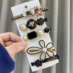 Vintage Geometric Hair Clips Set with Faux Pearl and Crystal Acrylic