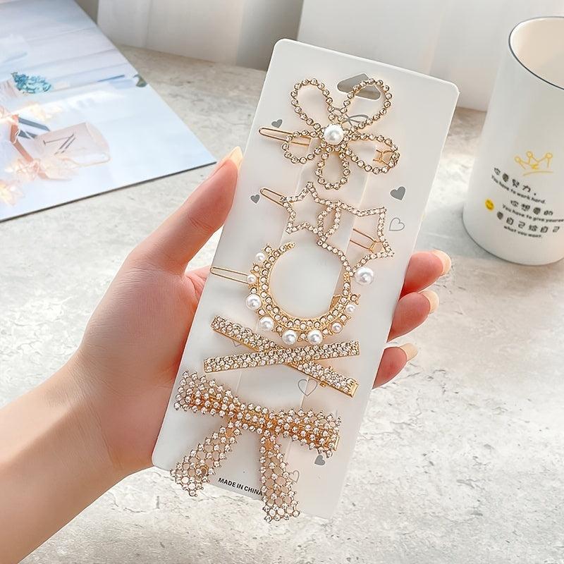 Vintage Geometric Hair Clips Set with Faux Pearl and Crystal Acrylic