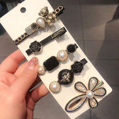 Vintage Geometric Hair Clips Set with Faux Pearl and Crystal Acrylic