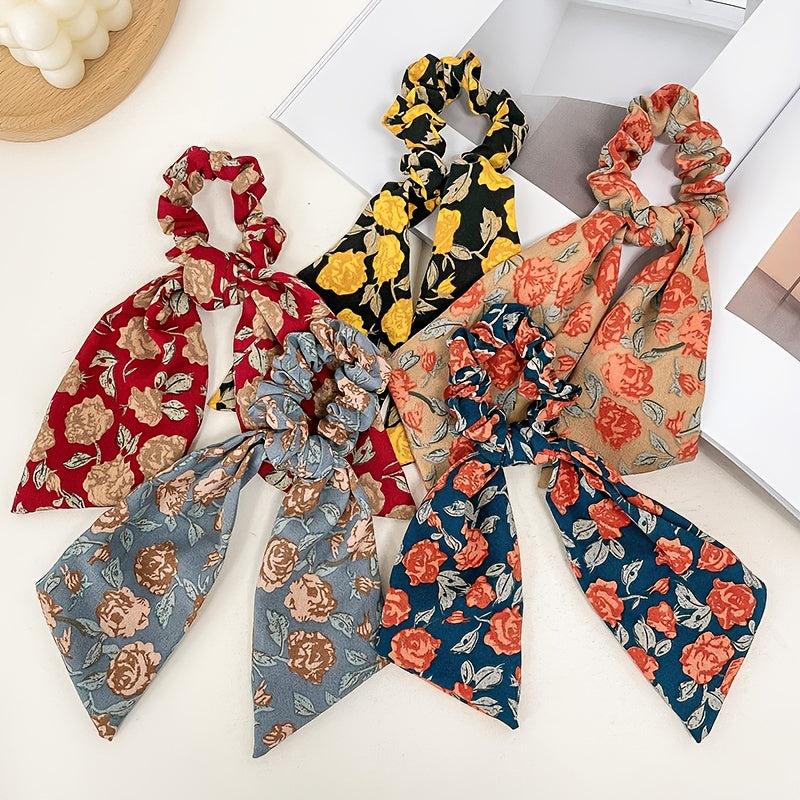 Floral Bowknot Hair Scarf Scrunchies Elastic Hair Tie Ponytail Holder