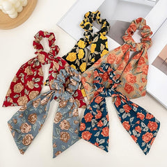 Floral Bowknot Hair Scarf Scrunchies Elastic Hair Tie Ponytail Holder