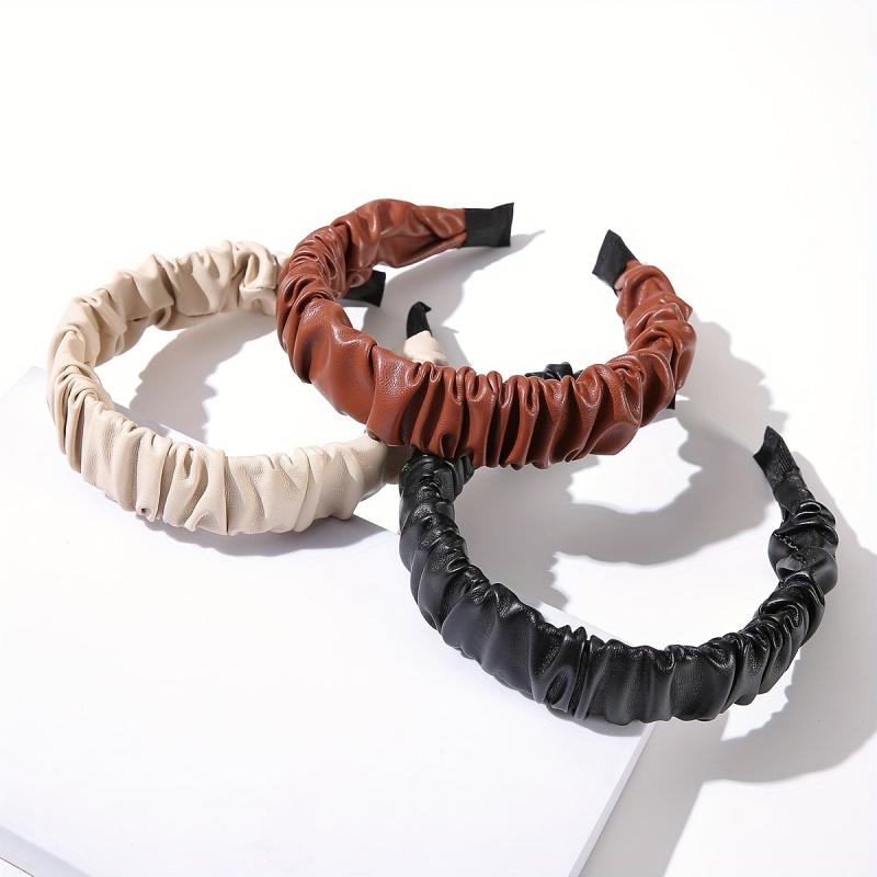 3pcs PU Leather Headband For Women Pleated Hair Band Solid Headdress