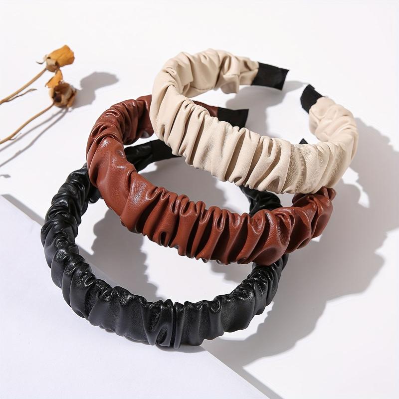 3pcs PU Leather Headband For Women Pleated Hair Band Solid Headdress
