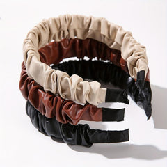 3pcs PU Leather Headband For Women Pleated Hair Band Solid Headdress