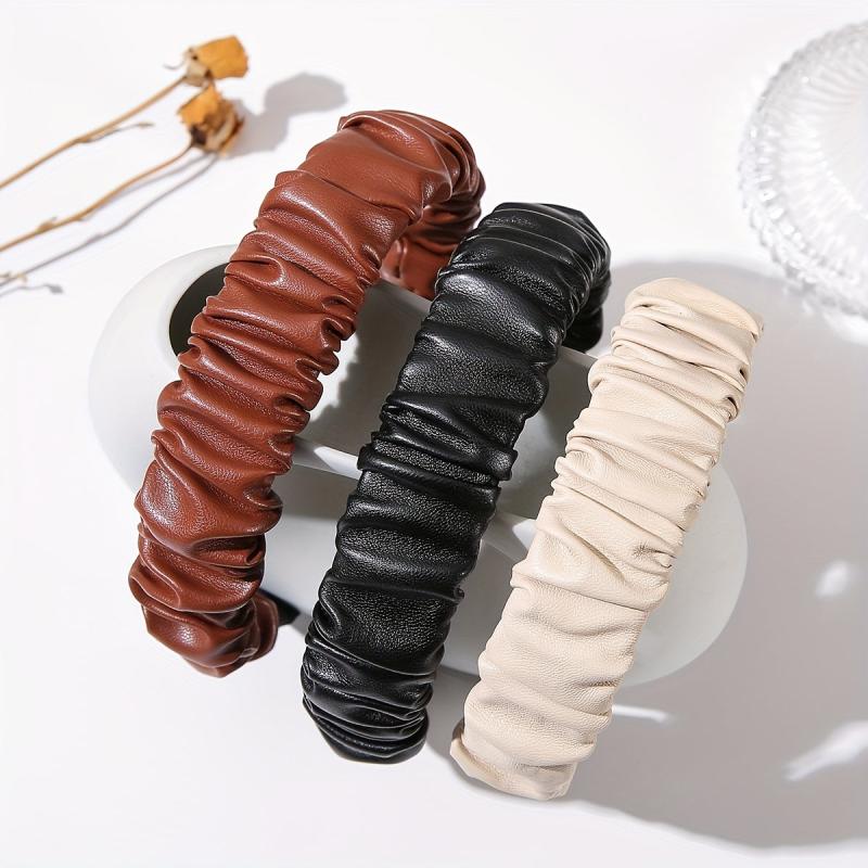 3pcs PU Leather Headband For Women Pleated Hair Band Solid Headdress