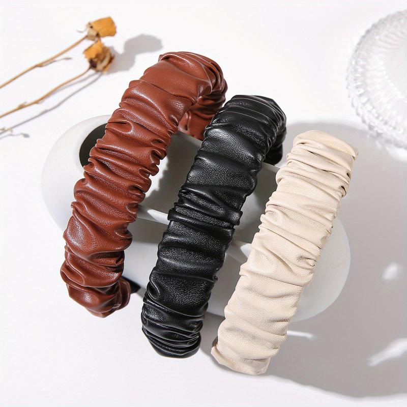 3pcs PU Leather Headband For Women Pleated Hair Band Solid Headdress