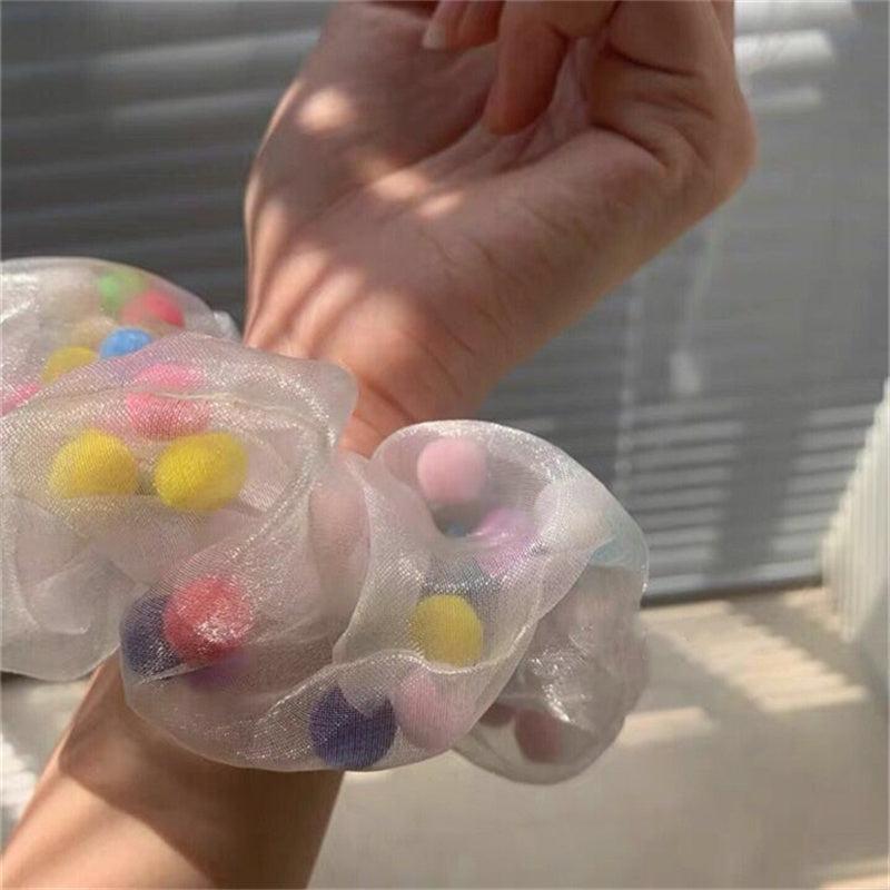 Colorful Pom Pom Mesh Hair Scrunchies Hair Bobbles Elastics