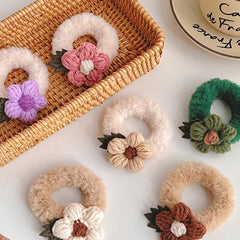 2 Pcs Fluffy Knitted Flowers Hair Tie Hair Rope for Girls