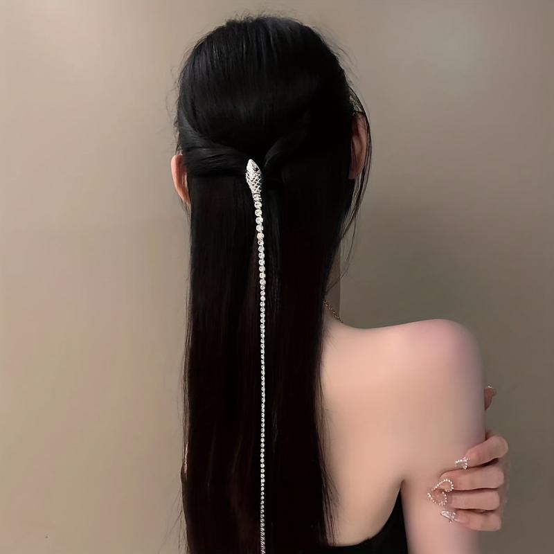 Snake Shape Hair Clip With Long Rhinestone Tassel Gothic Style Hair Accessories