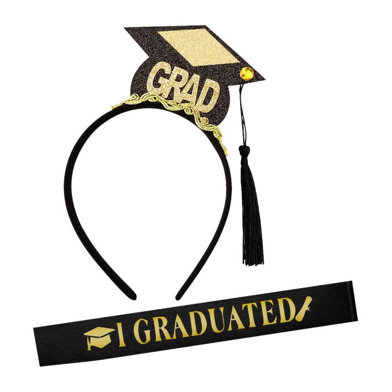 Graduation Decoration Set Sequin Headband Sash Bachelor Hat Satin Sash