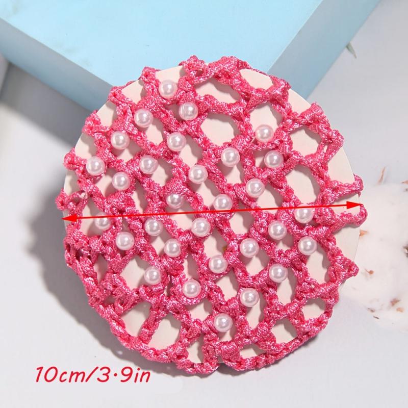 Crochet Hair Bun Cover With Faux Pearl Solid Head Bun Net Hair Accessories