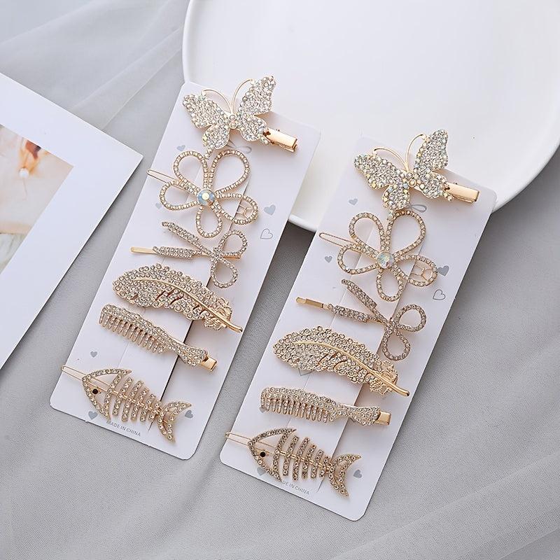 6Pcs Faux Pearl Butterfly Hairpin Crystal Acrylic Hair Clips Vintage Barrettes